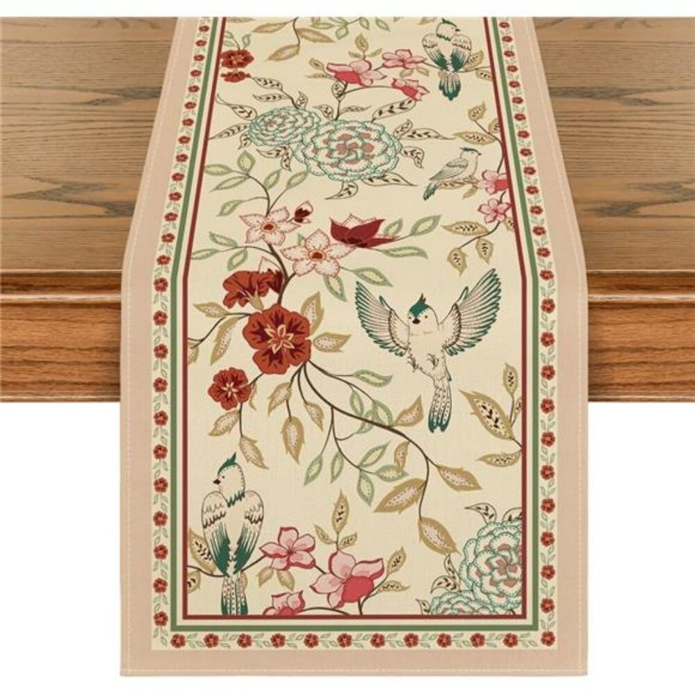 Spring floral table runner with brown birds and blossom print dining room decor